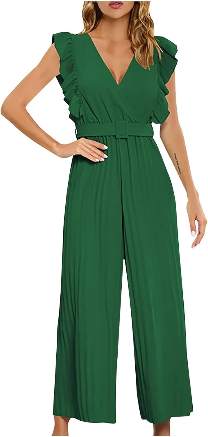 SMIDOW Cocktail Jumpsuits For Women Evening Ruffle Sleeveless V Neck Pleated Belted Wide Leg Pant One Piece Jumpsuits Romper