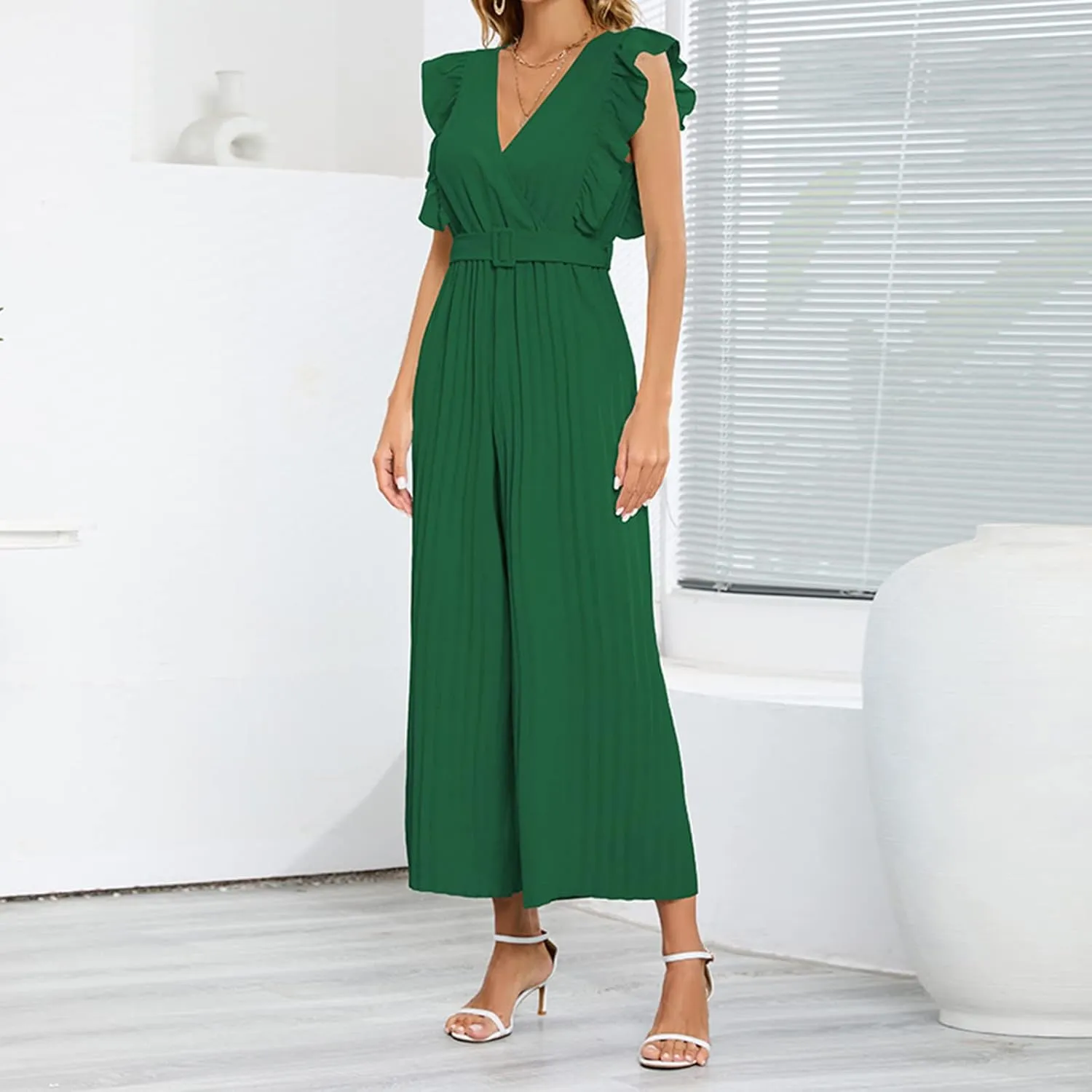 SMIDOW Cocktail Jumpsuits For Women Evening Ruffle Sleeveless V Neck Pleated Belted Wide Leg Pant One Piece Jumpsuits Romper