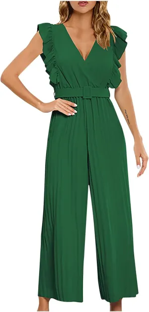 SMIDOW Cocktail Jumpsuits For Women Evening Ruffle Sleeveless V Neck Pleated Belted Wide Leg Pant One Piece Jumpsuits Romper