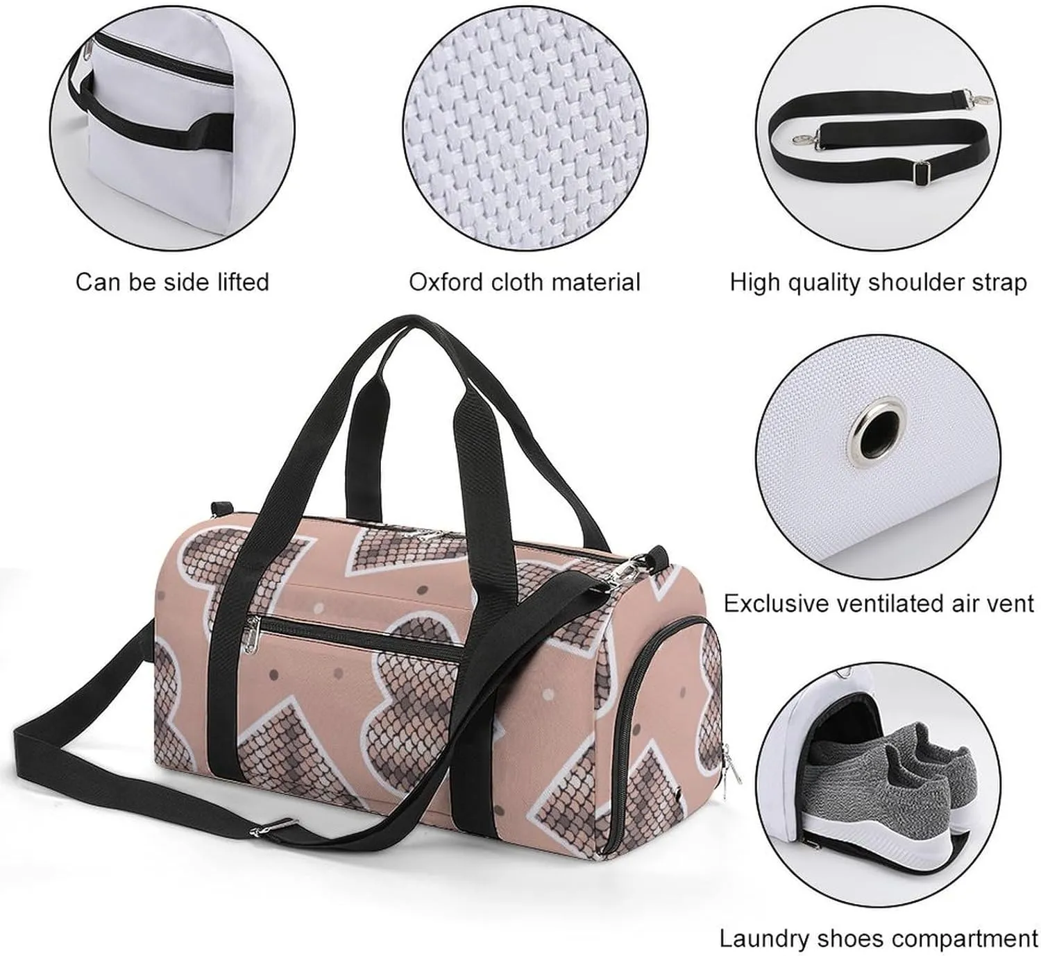 Snake Skin Shape Heart Duffel Bag with Shoe Compartment Lightweight for Travel Gym
