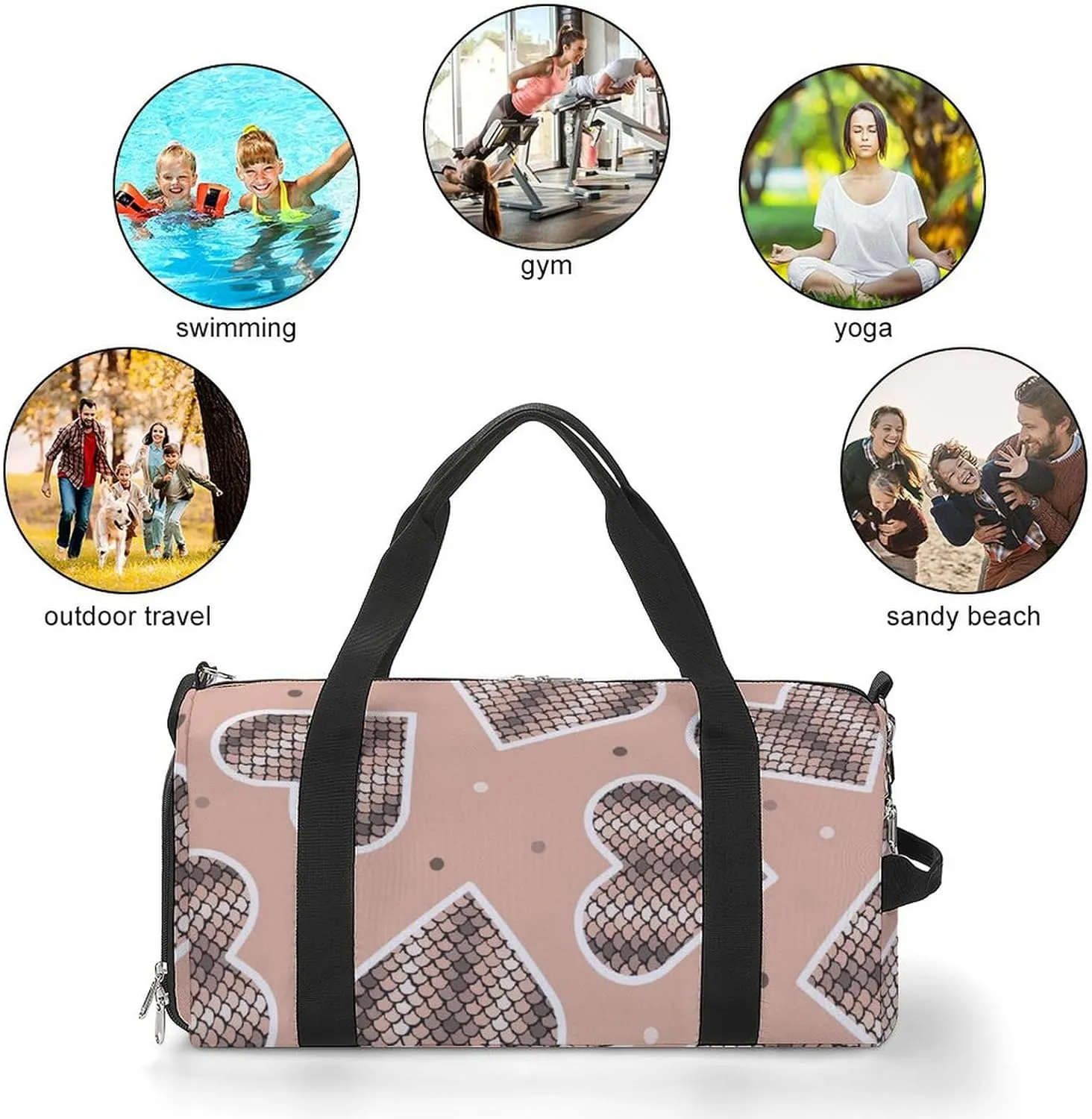 Snake Skin Shape Heart Duffel Bag with Shoe Compartment Lightweight for Travel Gym