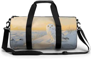 Snowy Owl in A Coastal Beach Snowy Travel Gym Bag for Women Men Cylindrical Duffle Bag Sport Workout Bag with Shoulder Strap