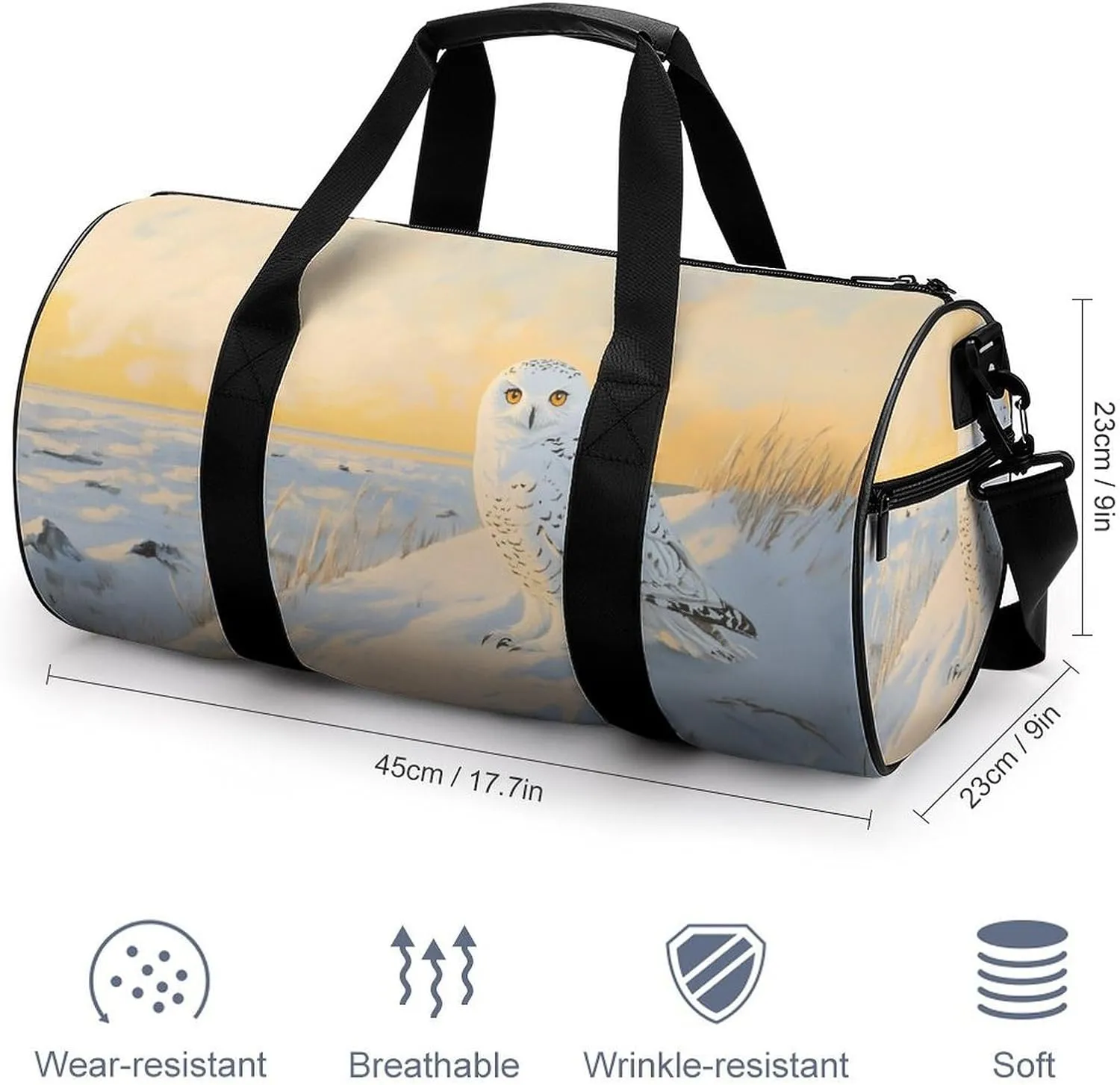 Snowy Owl in A Coastal Beach Snowy Travel Gym Bag for Women Men Cylindrical Duffle Bag Sport Workout Bag with Shoulder Strap