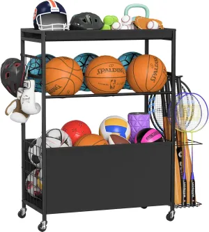 Snughome Sports Equipment Garage Organizer,Ball Storage Rack for Sports Gear and Toys, Rolling Ball Cart with Wheels for Indoor/Outdoor Use,Black