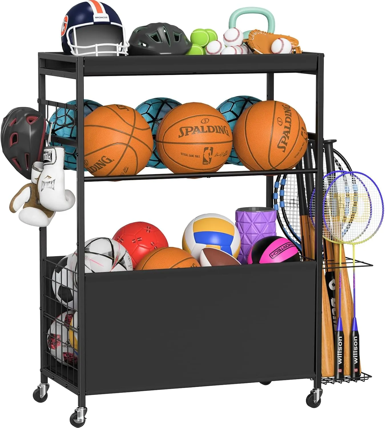 Snughome Sports Equipment Garage Organizer,Ball Storage Rack for Sports Gear and Toys, Rolling Ball Cart with Wheels for Indoor/Outdoor Use,Black