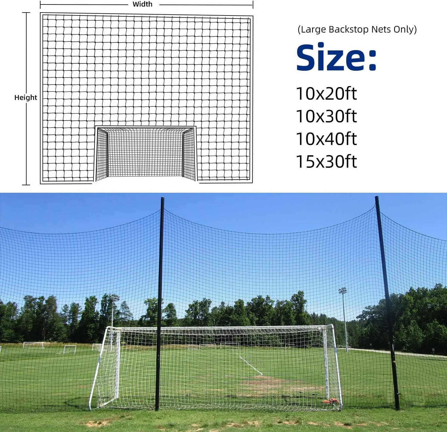 Soccer Backstop Net, High Impact Barrier Net, Nylon Practice Sports Netting 10x20ft/10x30ft/10x40ft (Installation Rope Included)