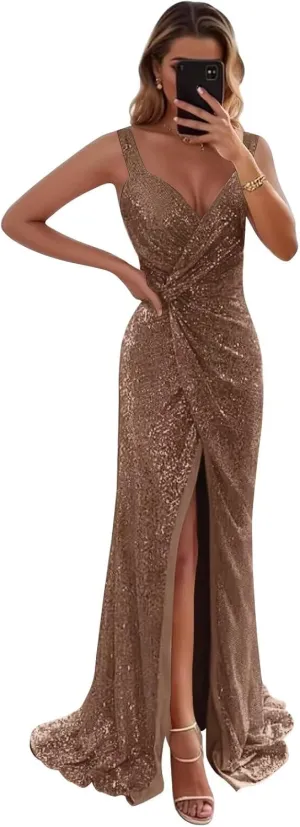 SoDigne Sparkly Sequin Long Prom Dresses for Women V Neck Backless Mermaid Maxi Formal Evening Gowns with Slit