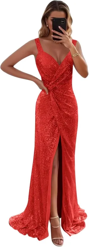 SoDigne Sparkly Sequin Long Prom Dresses for Women V Neck Backless Mermaid Maxi Formal Evening Gowns with Slit