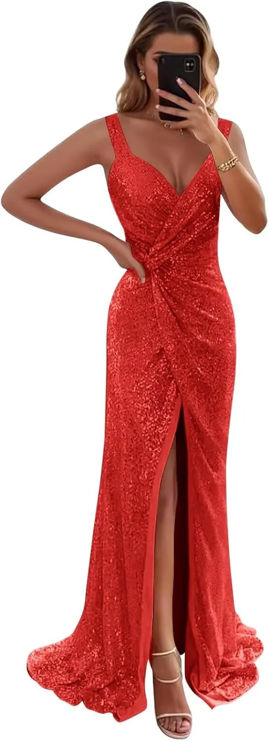 SoDigne Sparkly Sequin Long Prom Dresses for Women V Neck Backless Mermaid Maxi Formal Evening Gowns with Slit