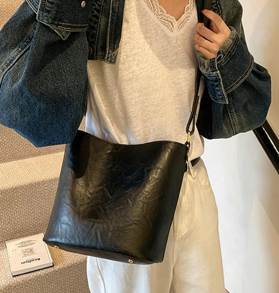 Soft Leather Bucket Bag for Women Vintage Shoulder Bag Underarm Purse Work Tote Handbag with Wallet Daily Handbag