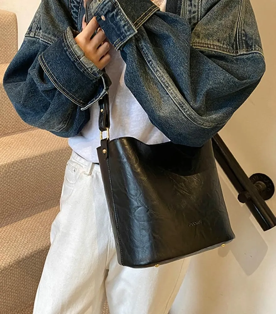 Soft Leather Bucket Bag for Women Vintage Shoulder Bag Underarm Purse Work Tote Handbag with Wallet Daily Handbag