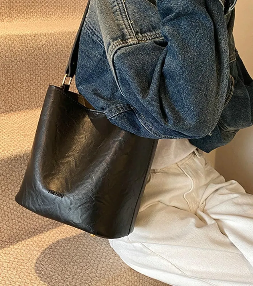 Soft Leather Bucket Bag for Women Vintage Shoulder Bag Underarm Purse Work Tote Handbag with Wallet Daily Handbag