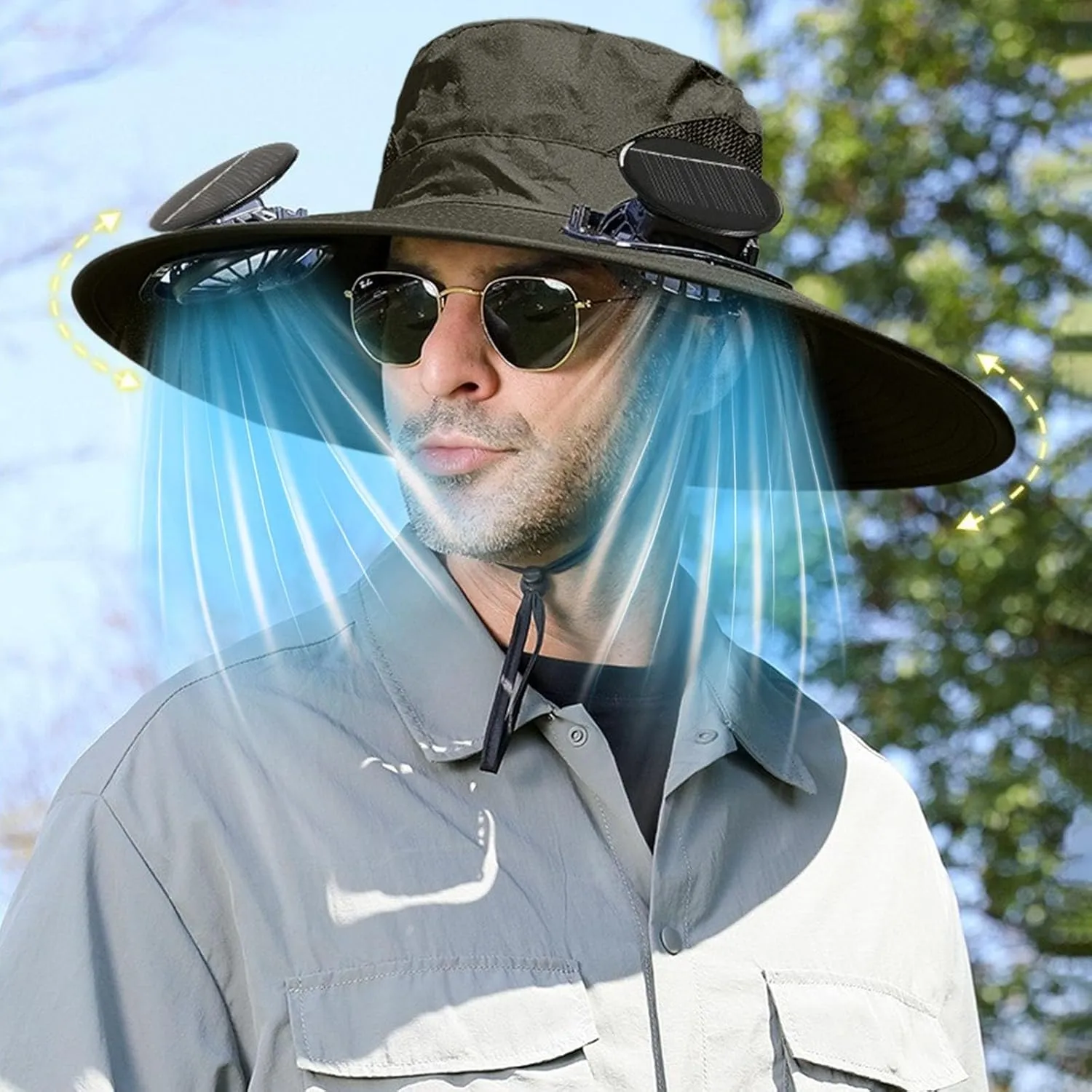 Solar Fan Hat, Outdoor Wide Brim Sun Hat with 2 Solar Fan, Cooling Fishing Hats for Adult Men Women