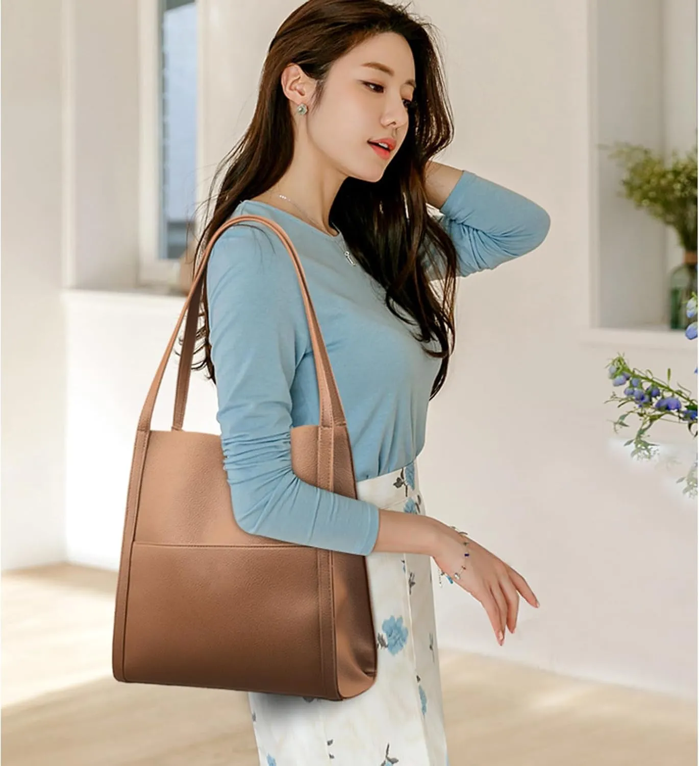 Solid Color Simple Genuine Leather Shoulder Bag, Soft Leather Handbags For Women, Leather Tote Bag For Women