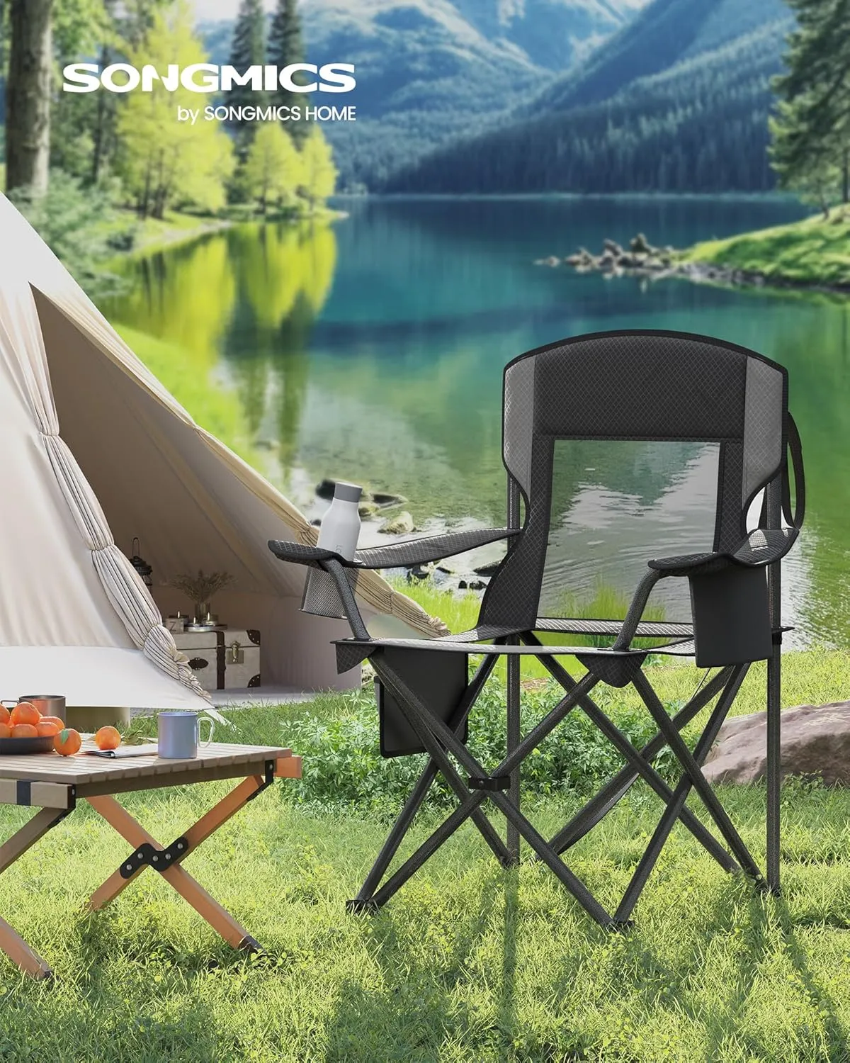 SONGMICS Camping Chair, Folding Lawn Chair with Cooler Bag, 352 lb Weight Capacity, Adjustable Armrests with Cup Holder, Storage Bag, Breathable Nylon Mesh, for Sports Games, Ink Black UGCB060B01