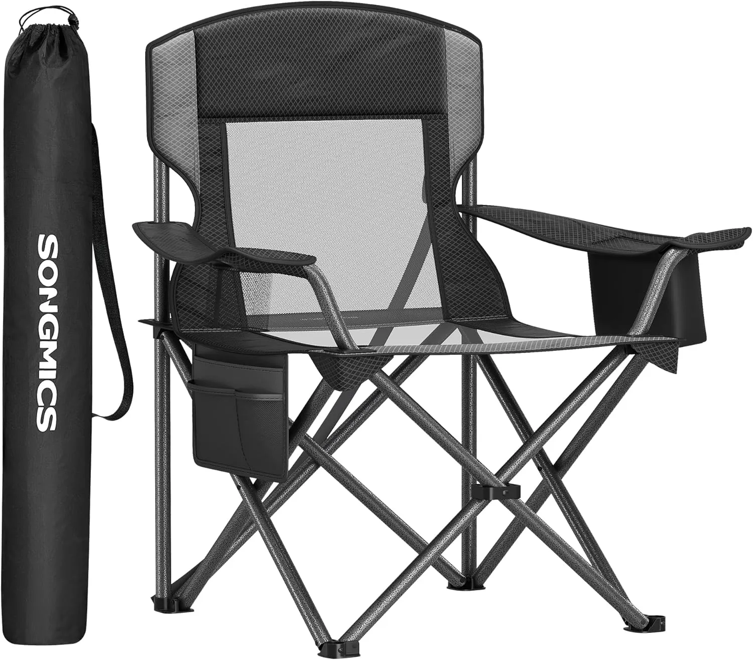 SONGMICS Camping Chair, Folding Lawn Chair with Cooler Bag, 352 lb Weight Capacity, Adjustable Armrests with Cup Holder, Storage Bag, Breathable Nylon Mesh, for Sports Games, Ink Black UGCB060B01