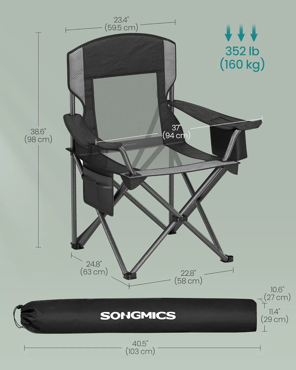 SONGMICS Camping Chair, Folding Lawn Chair with Cooler Bag, 352 lb Weight Capacity, Adjustable Armrests with Cup Holder, Storage Bag, Breathable Nylon Mesh, for Sports Games, Ink Black UGCB060B01