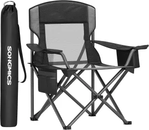 SONGMICS Camping Chair, Folding Lawn Chair with Cooler Bag, 352 lb Weight Capacity, Adjustable Armrests with Cup Holder, Storage Bag, Breathable Nylon Mesh, for Sports Games, Ink Black UGCB060B01
