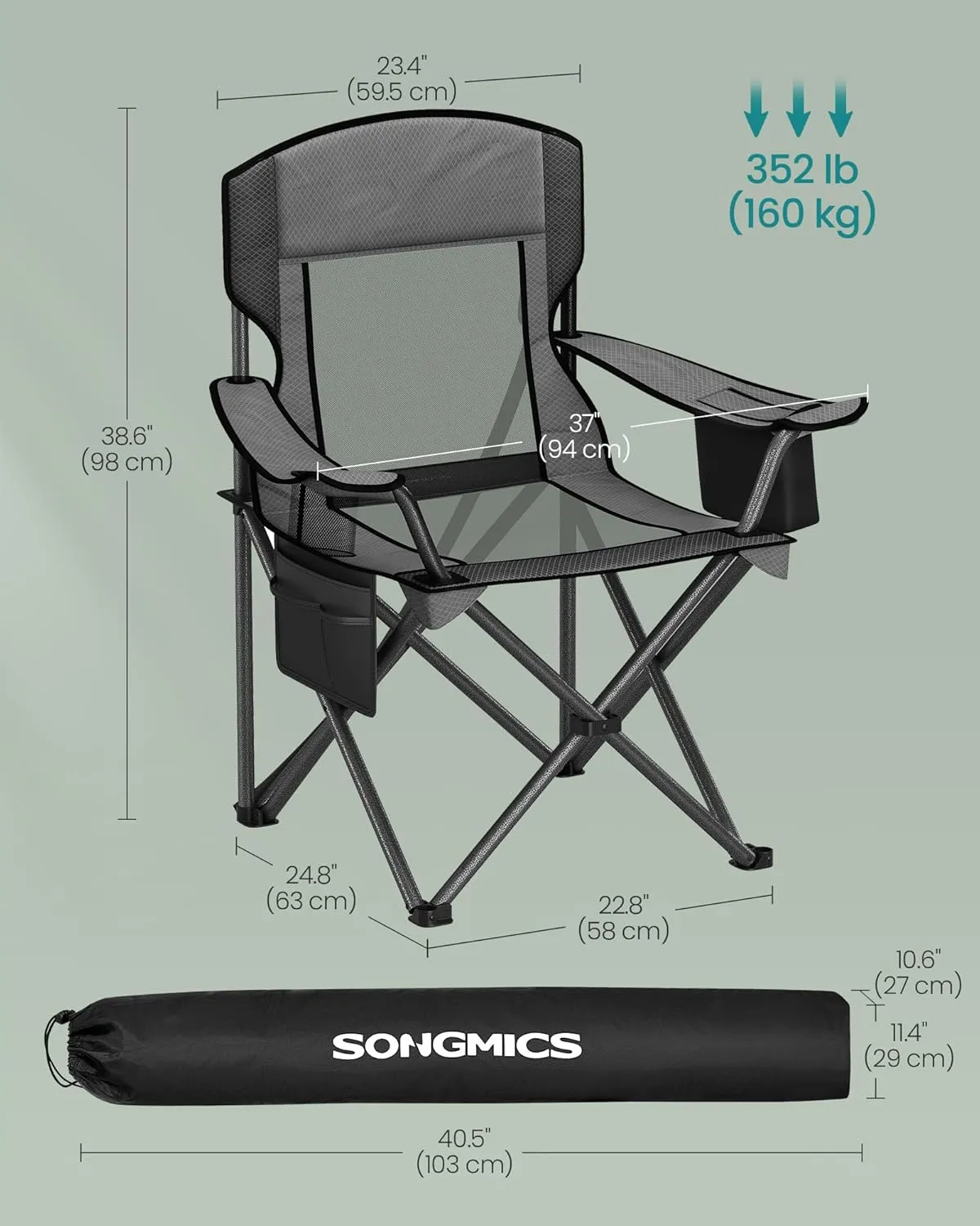 SONGMICS Camping Chair, Folding Lawn Chair with Cooler Bag, 352 lb Weight Capacity, Adjustable Armrests with Cup Holder, Storage Bag, Breathable Nylon Mesh, for Sports Games, Slate Gray UGCB060G01