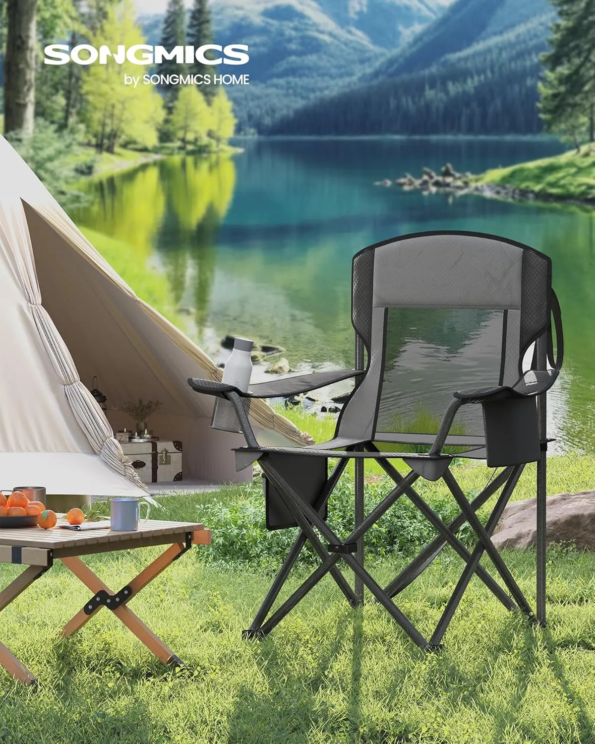 SONGMICS Camping Chair, Folding Lawn Chair with Cooler Bag, 352 lb Weight Capacity, Adjustable Armrests with Cup Holder, Storage Bag, Breathable Nylon Mesh, for Sports Games, Slate Gray UGCB060G01