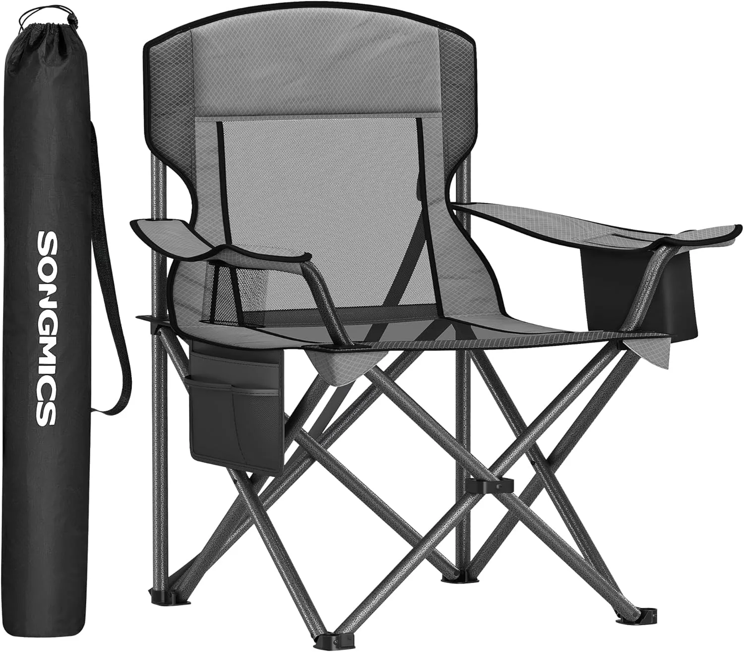 SONGMICS Camping Chair, Folding Lawn Chair with Cooler Bag, 352 lb Weight Capacity, Adjustable Armrests with Cup Holder, Storage Bag, Breathable Nylon Mesh, for Sports Games, Slate Gray UGCB060G01