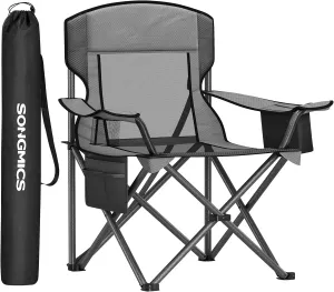 SONGMICS Camping Chair, Folding Lawn Chair with Cooler Bag, 352 lb Weight Capacity, Adjustable Armrests with Cup Holder, Storage Bag, Breathable Nylon Mesh, for Sports Games, Slate Gray UGCB060G01