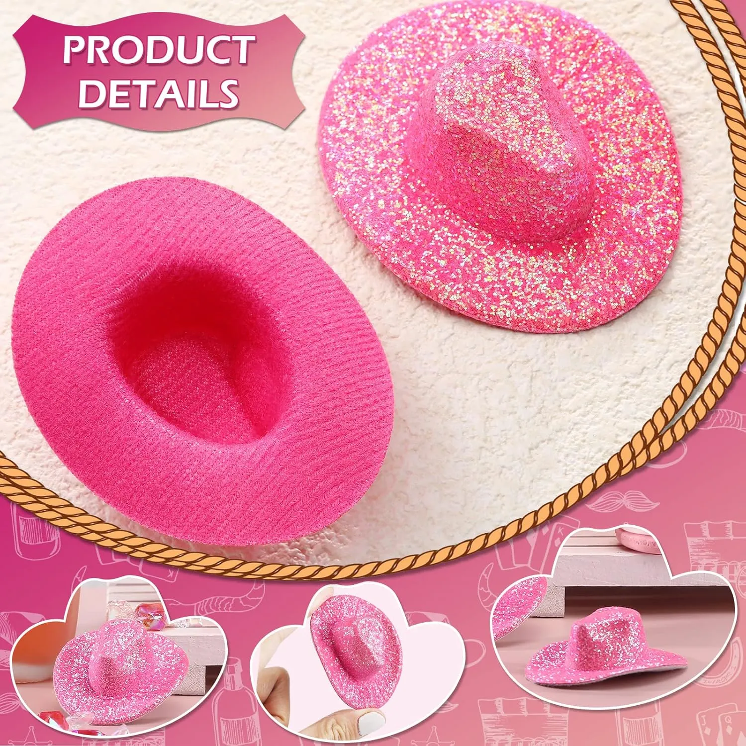 Sotiff 12 Pcs Mini Western Cowboy Cowgirl Hat Small Disco Hat Miniature Cute Cap for Party Drinks Cupcake Toppers