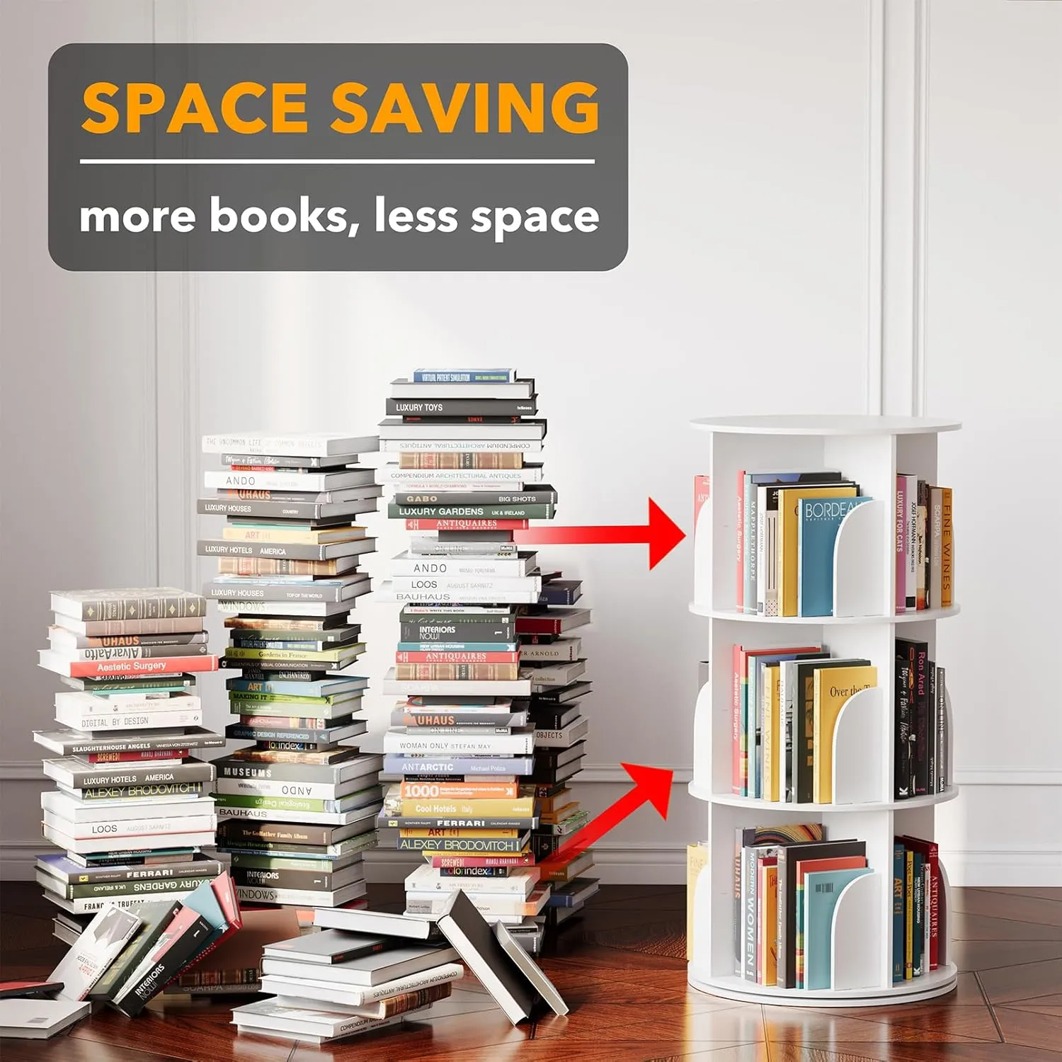 SpaceAid 3 Tier Rotating Bookshelf Tower, Spinning Bookcase Lazy Susan, Revolving 360 Book Shelf Storage Round Carousel, Vertical Rotate Turning Spiral Corner Organizer, White