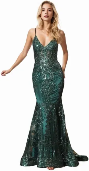 Sparkle Mermaid V Neck Sleeveless Lace Court Train Evening Sequin Prom Dress
