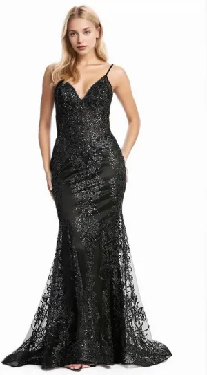 Sparkle Mermaid V Neck Sleeveless Lace Court Train Evening Sequin Prom Dress