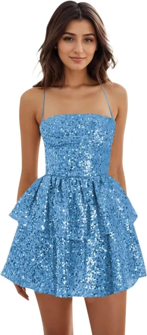 Sparkly Sequin A-Line Homecoming Dresses for Teens 2025 Short Glitter Tiered Spaghetti Straps Cocktail Dresses