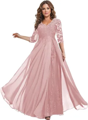 Sparkly Sequin Lace Mother of The Bride Dresses for Wedding 3/4 Sleeve Chiffon Long Prom Formal Evening Gown