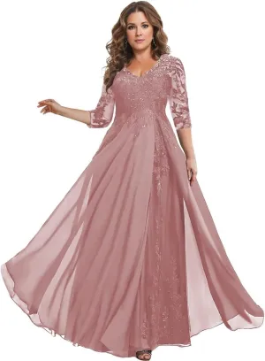 Sparkly Sequin Lace Mother of The Bride Dresses for Wedding 3/4 Sleeve Chiffon Long Prom Formal Evening Gown