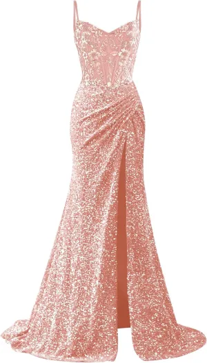 Sparkly Sequin Prom Dresses 2025 Long Mermaid Lace Applique Evening Dress Spaghetti Straps Pleated Formal Gown with Slit