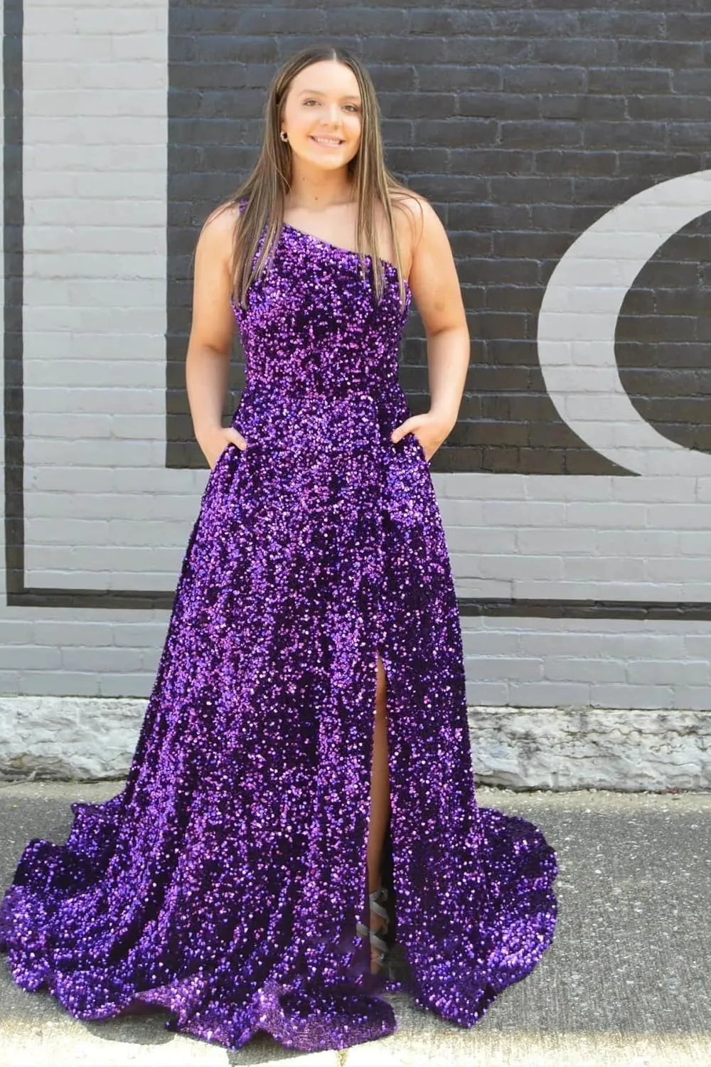 Sparkly Sequin Prom Dresses for Women 2025 Long Split One Shoulder Formal Evening Ball Gown with Pockets