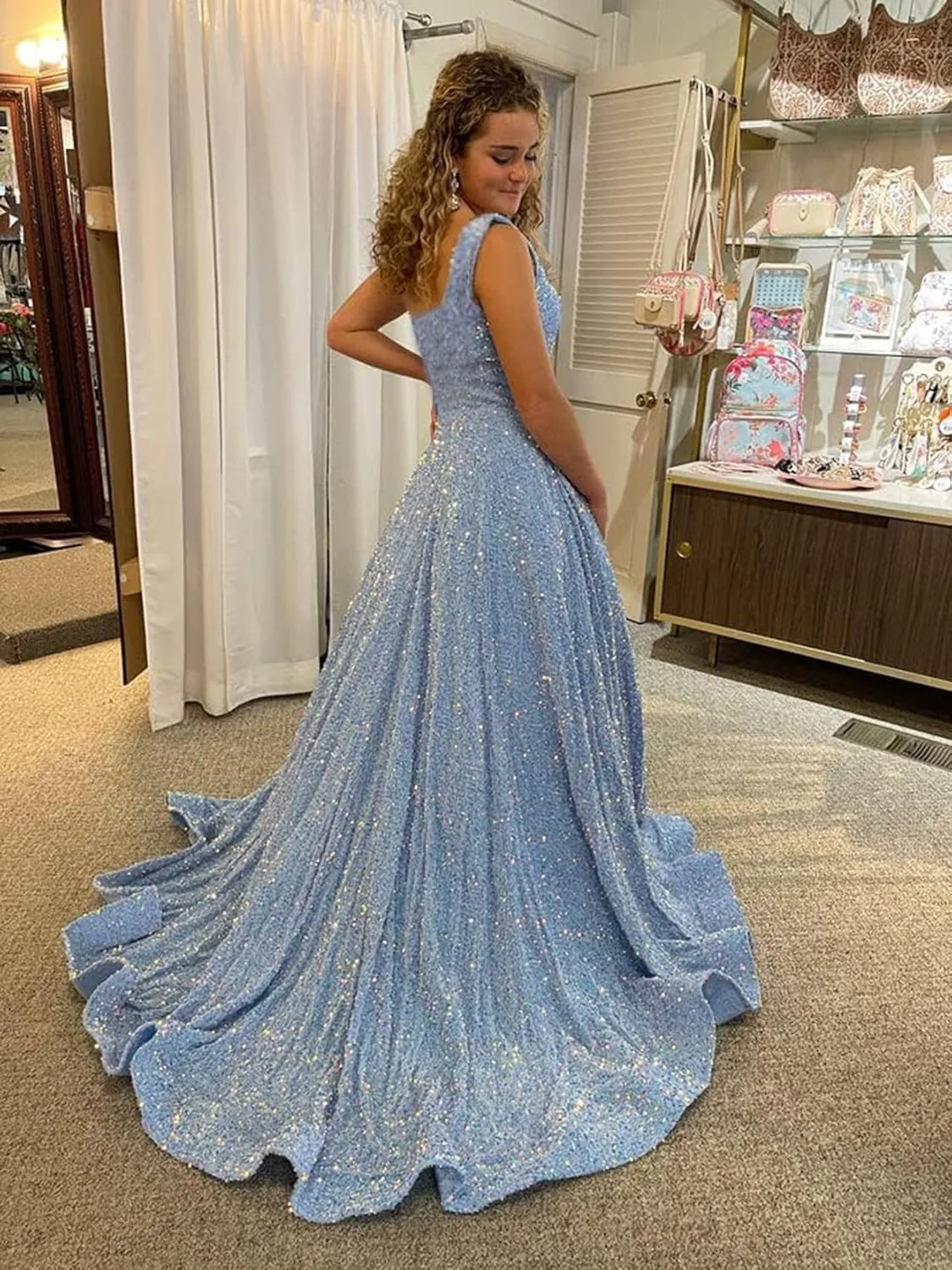 Sparkly Sequin Prom Dresses for Women 2025 Long Split One Shoulder Formal Evening Ball Gown with Pockets