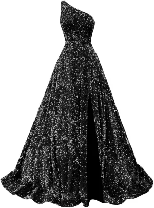 Sparkly Sequin Prom Dresses for Women 2025 Long Split One Shoulder Formal Evening Ball Gown with Pockets