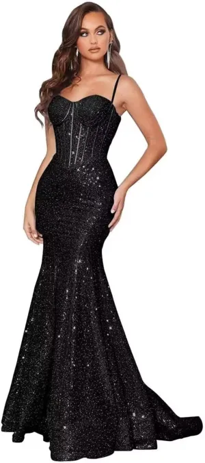 Sparkly Sequin Prom Dresses for Women Mermaid Gowns Evening Dresses Spaghetti Straps Bodycon Formal Party Dress
