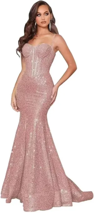 Sparkly Sequin Prom Dresses for Women Mermaid Gowns Evening Dresses Spaghetti Straps Bodycon Formal Party Dress