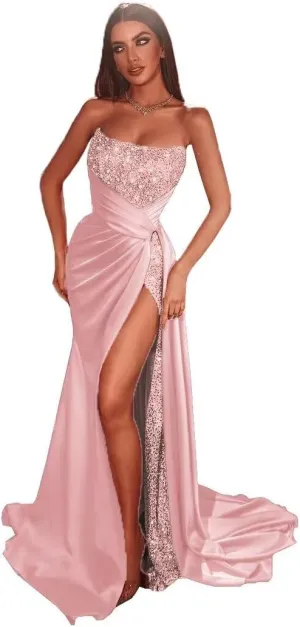 Sparkly Sequins Prom Dresses 2025 Mermaid Bridesmaid Dress with Slit Tube Satin Evening Formal Gown with Train DR0080