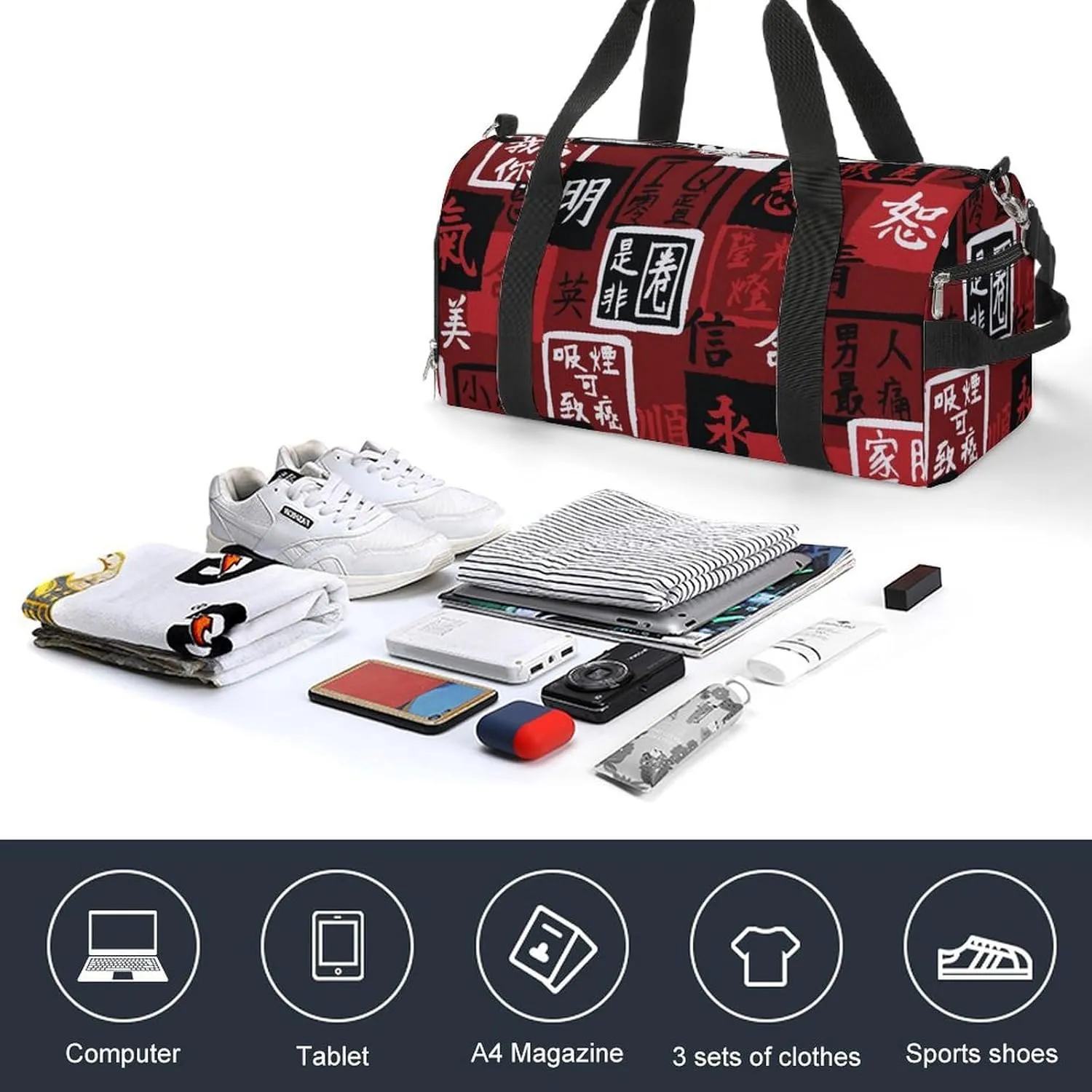 Sport Gym Duffel with Shoe Compartment Wet Pocket, Asian-hieroglyphs Shoulder Travel Bag for Women Men, style-3