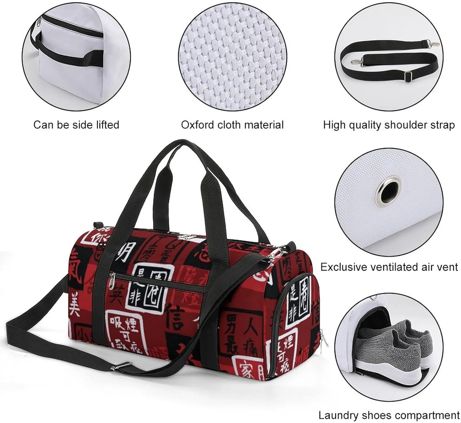 Sport Gym Duffel with Shoe Compartment Wet Pocket, Asian-hieroglyphs Shoulder Travel Bag for Women Men, style-3