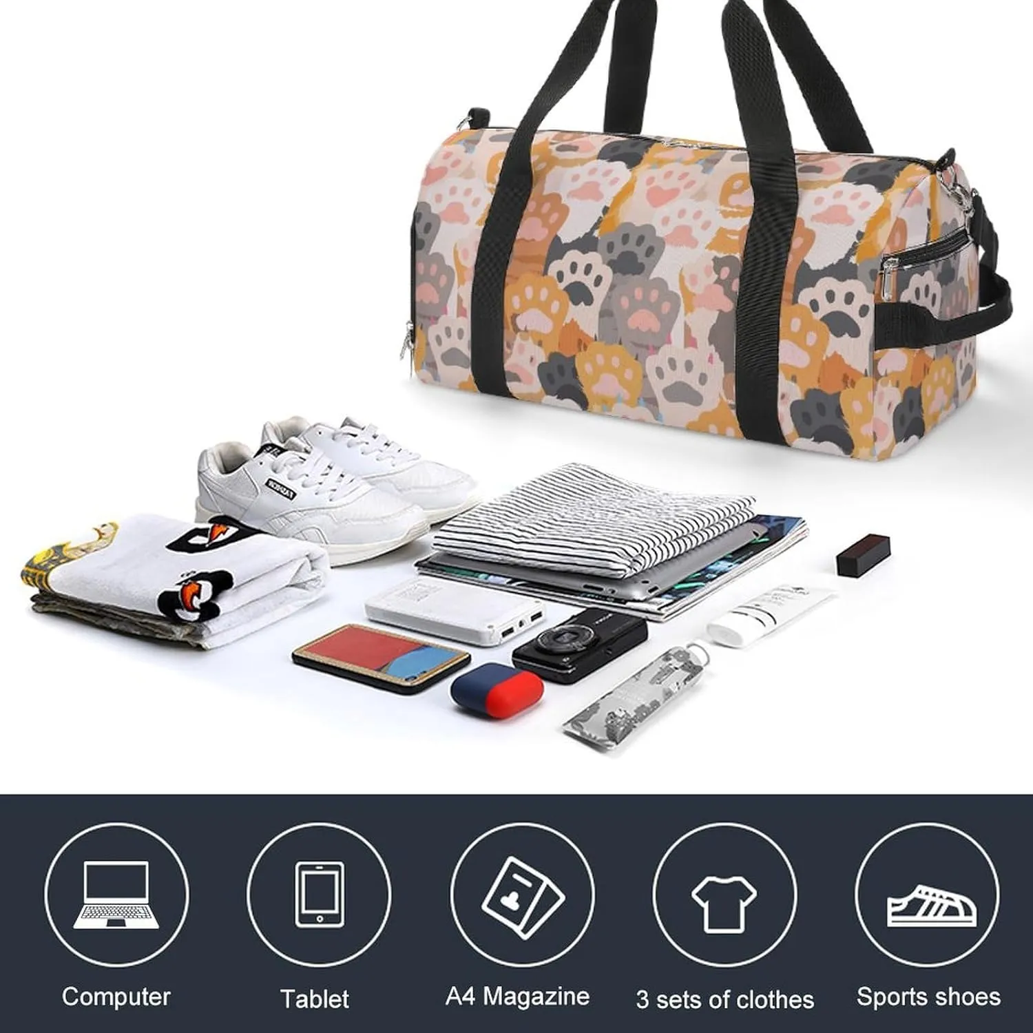 Sport Gym Duffel with Shoe Compartment Wet Pocket, Cats-paw-pattern-cute Shoulder Travel Bag for Women Men