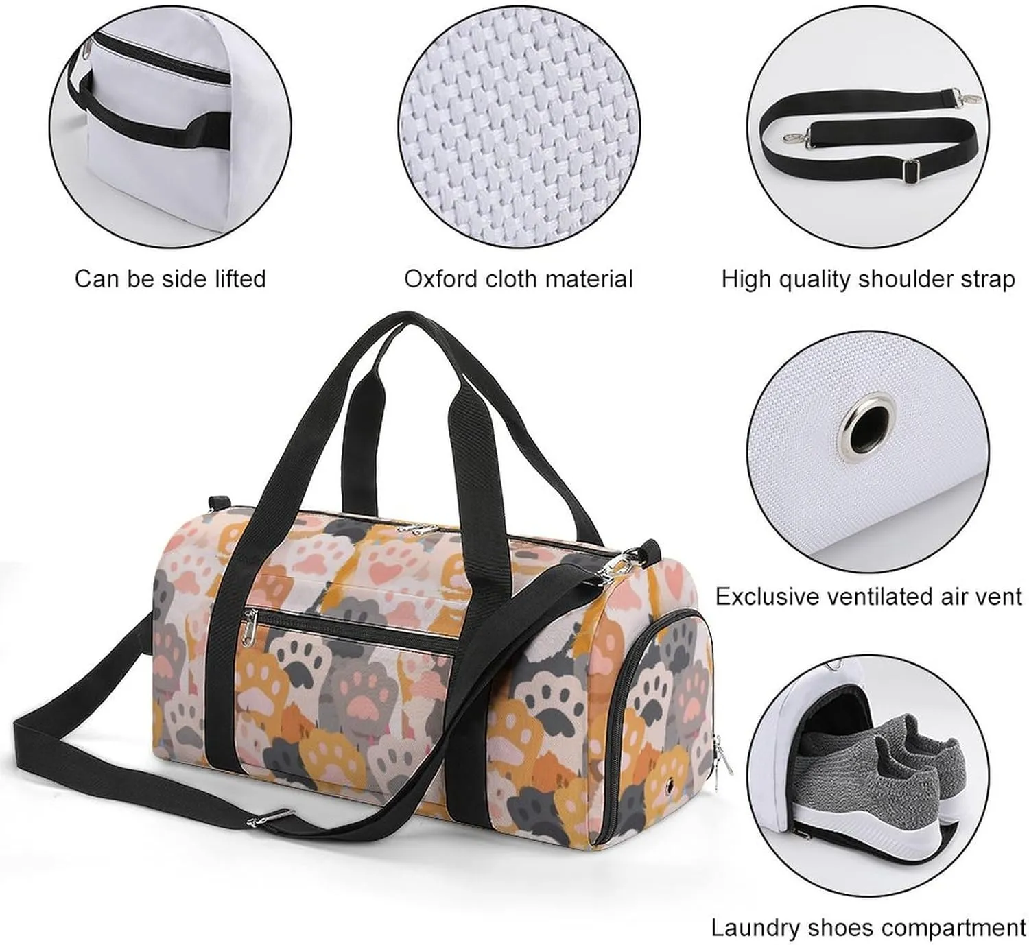 Sport Gym Duffel with Shoe Compartment Wet Pocket, Cats-paw-pattern-cute Shoulder Travel Bag for Women Men