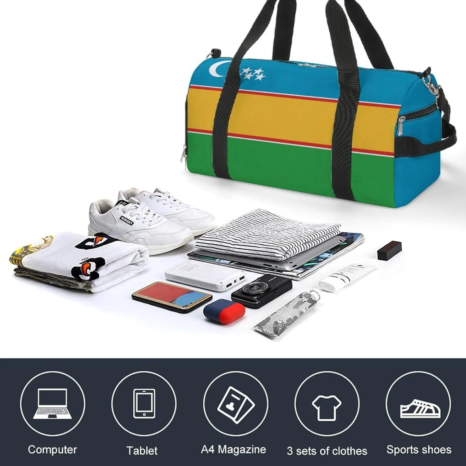 Sports Duffel Bag with Karakalpakstan Flag for Men Women Shoe Compartment Travel
