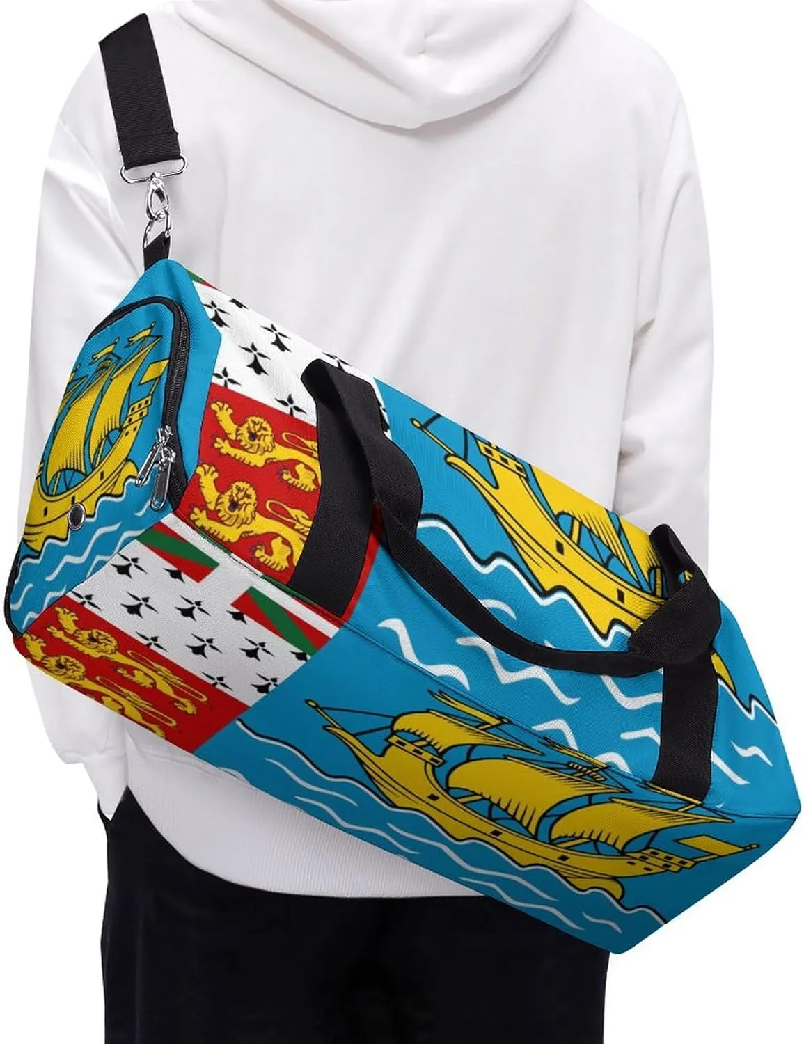 Sports Gym Bag Saint Pierre Miquelon Flag Duffel with Shoe Compartment Waterproof Travel Weekender