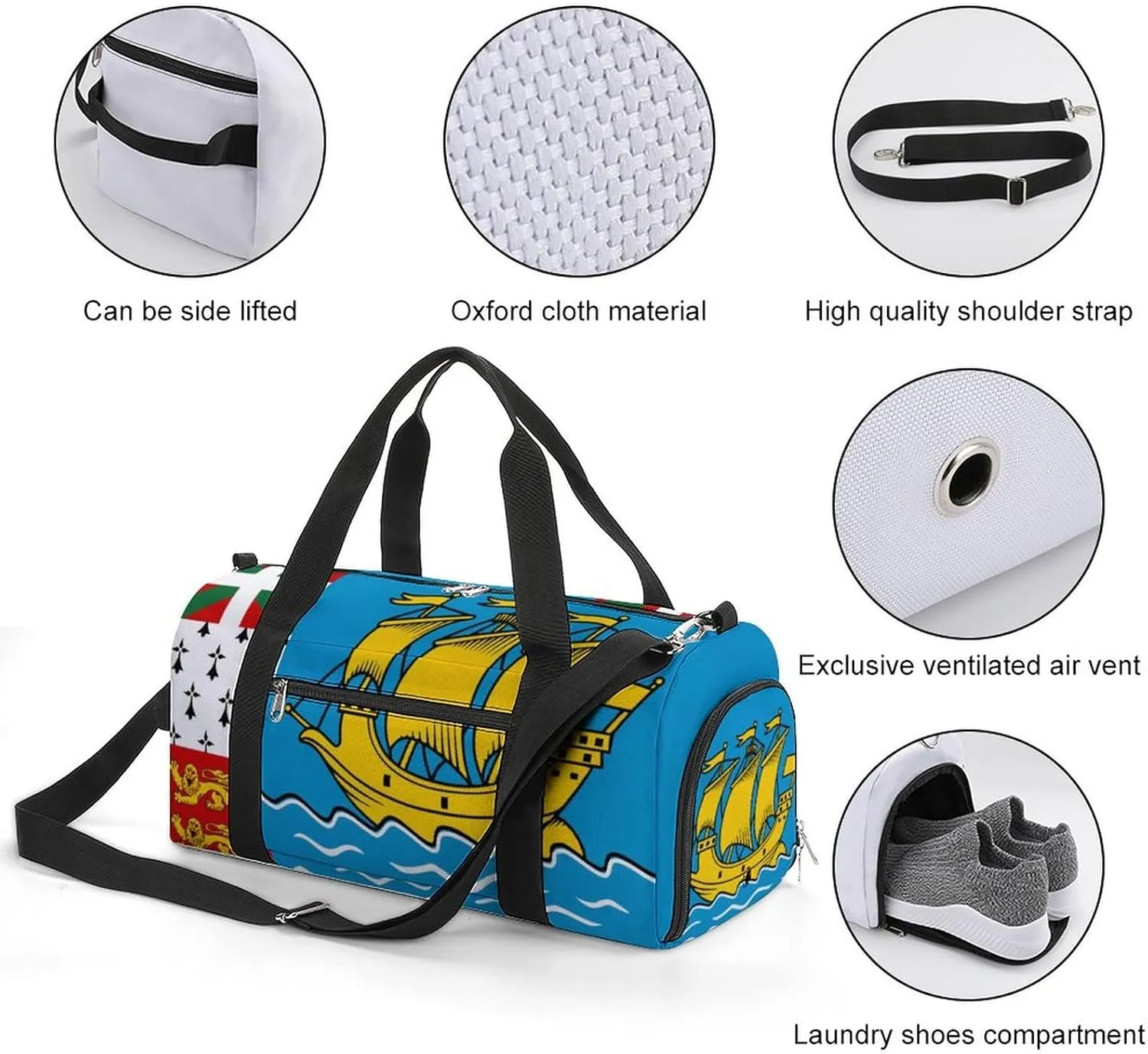 Sports Gym Bag Saint Pierre Miquelon Flag Duffel with Shoe Compartment Waterproof Travel Weekender
