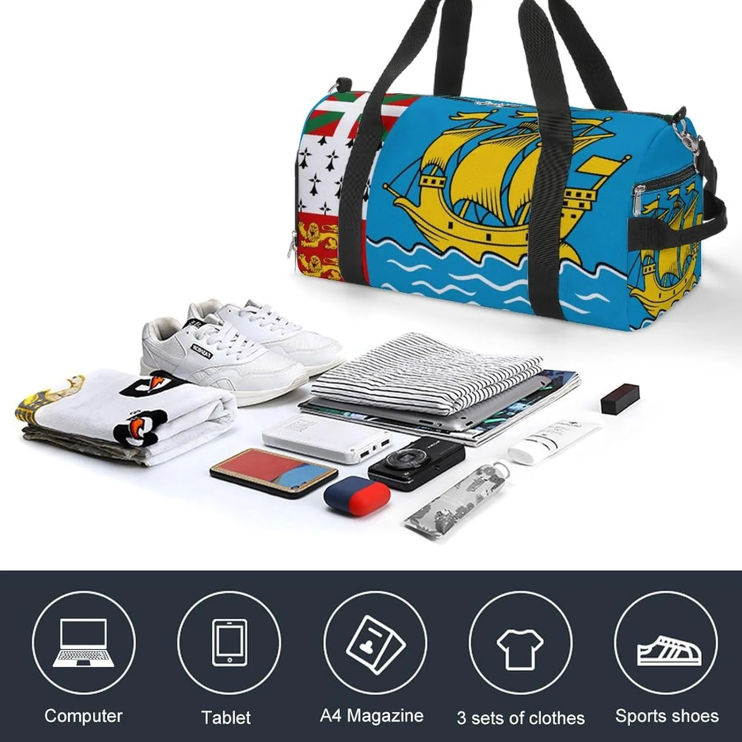 Sports Gym Bag Saint Pierre Miquelon Flag Duffel with Shoe Compartment Waterproof Travel Weekender