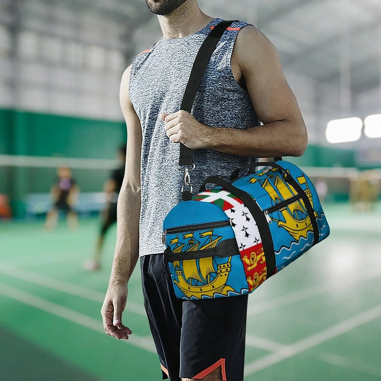 Sports Gym Bag Saint Pierre Miquelon Flag Duffel with Shoe Compartment Waterproof Travel Weekender