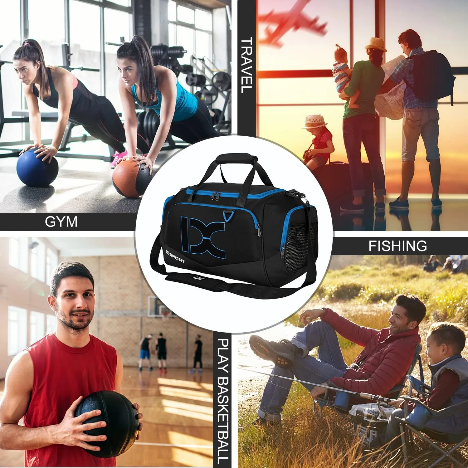 Sports Gym Bag，INOXTO Travel Duffel Bag with Dry Wet Pocket And Shoe CompartmentFor Women and Men，40L/55L Fitness Waterproof Weekender Bag For Swim Sports Travel Working Out (Black blue, 40L)